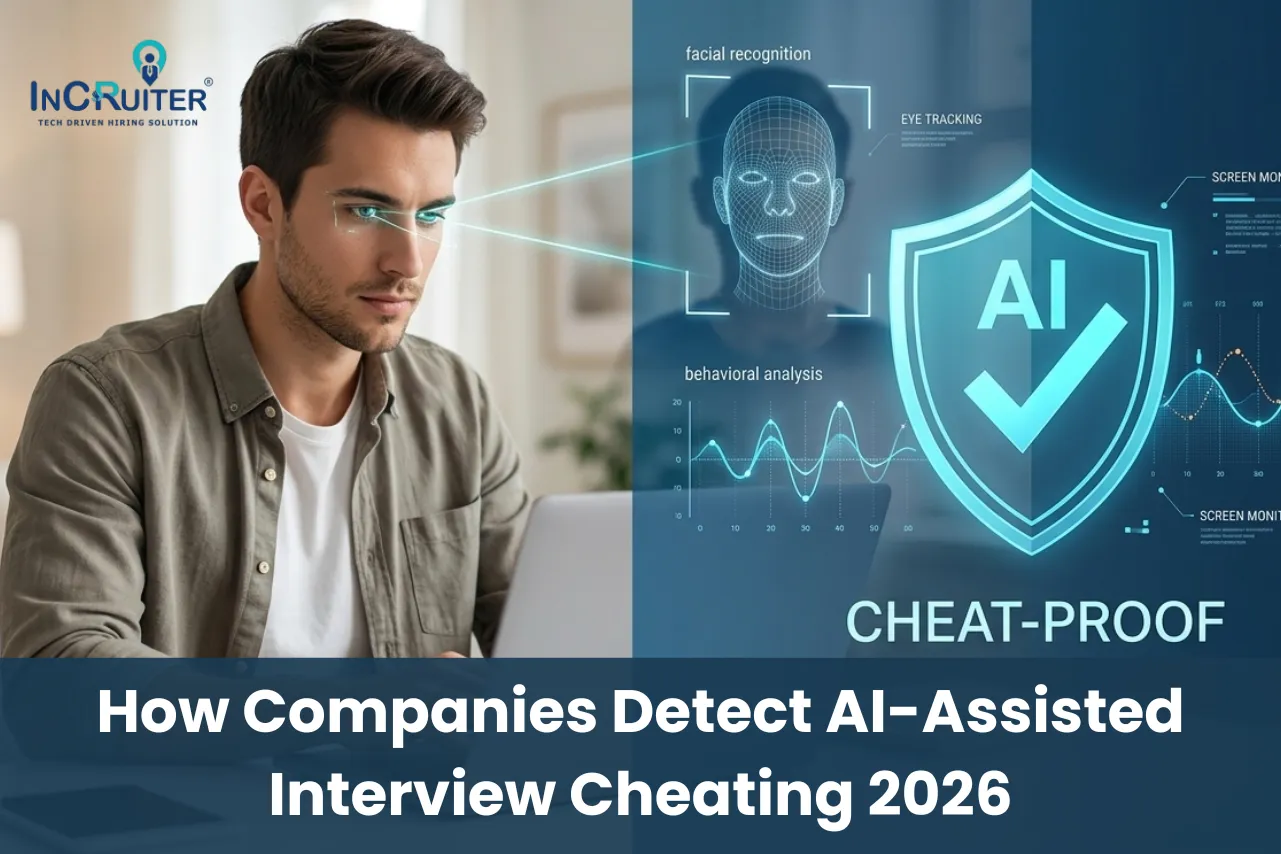 Split screen showing AI resume screening software alongside a human interviewer reviewing candidate notes in 2026